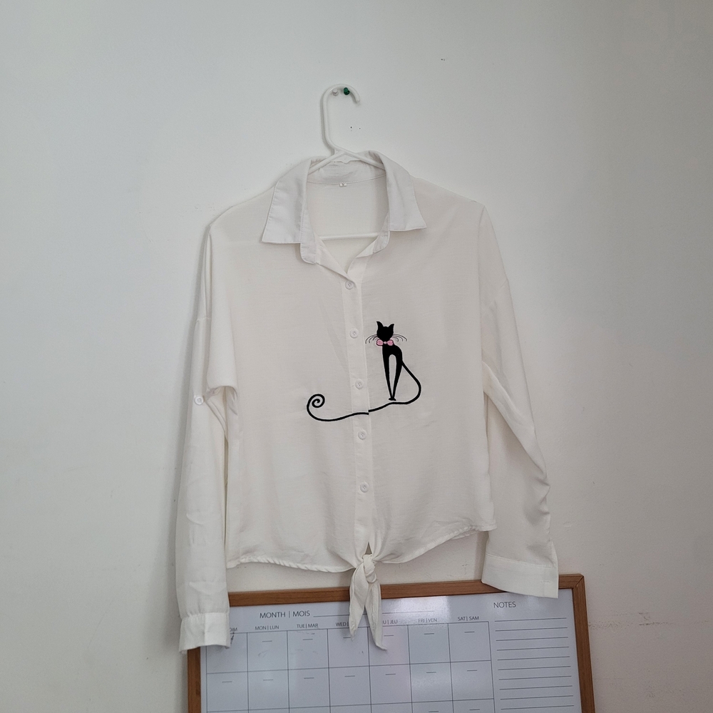 White Button-Up Shirt with Cat Design